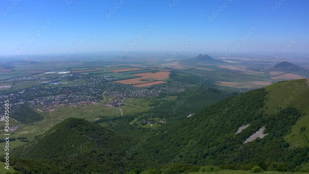 Aerial view of a beautiful view from the top of Beshtau mountain in Pyatigorsk. Summer landscape. Aerial view of a beautiful view from the top of Beshtau mountain in Pyatigorsk. Summer landscape.