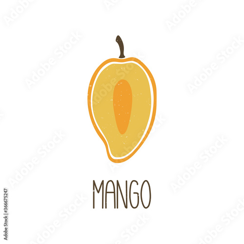 Cute colored caption mango slice isolated on transparent background. Colorful pictogram original design. Can be used for infographics, identity or decoration. Vector shabby hand drawn illustration
