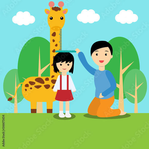 father using ruler measuring his daughter's height with giraffe height measurement cartoon vector