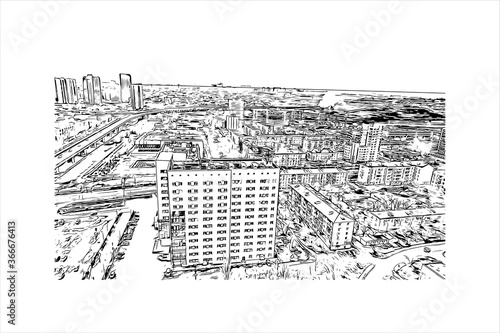 Building view with landmark of Volgograd, formerly Stalingrad, is a city in southwest Russia. Hand drawn sketch illustration in vector.