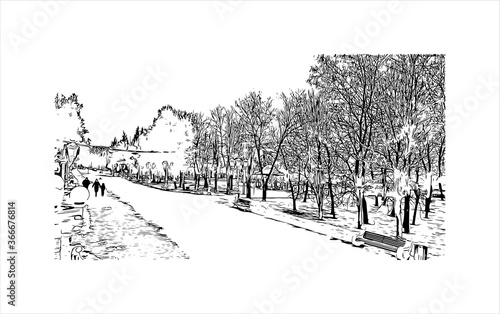 Building view with landmark of Volgograd, formerly Stalingrad, is a city in southwest Russia. Hand drawn sketch illustration in vector.