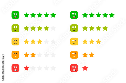 Star rating with different face emotion. Feedback scale. Angry, sad, neutral, satisfied and happy emoticon set. Funny cartoon hero emotion rating. Vector illustration
