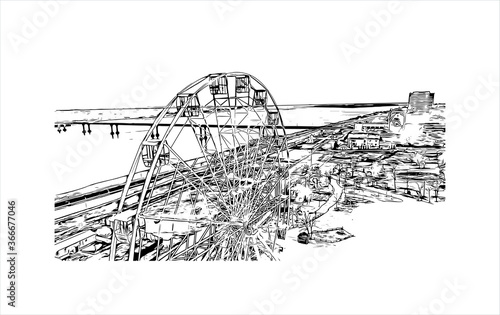 Building view with landmark of Volgograd, formerly Stalingrad, is a city in southwest Russia. Hand drawn sketch illustration in vector.