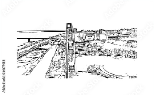 Building view with landmark of Volgograd, formerly Stalingrad, is a city in southwest Russia. Hand drawn sketch illustration in vector.