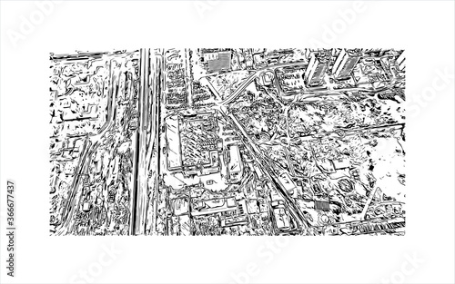 Building view with landmark of Volgograd, formerly Stalingrad, is a city in southwest Russia. Hand drawn sketch illustration in vector.