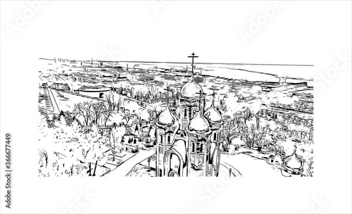 Building view with landmark of Volgograd, formerly Stalingrad, is a city in southwest Russia. Hand drawn sketch illustration in vector.