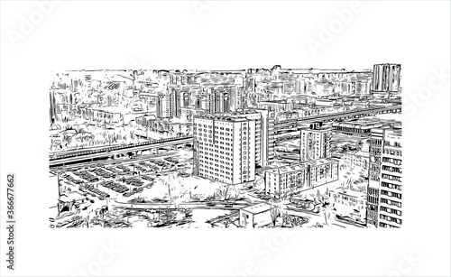 Building view with landmark of Volgograd, formerly Stalingrad, is a city in southwest Russia. Hand drawn sketch illustration in vector.