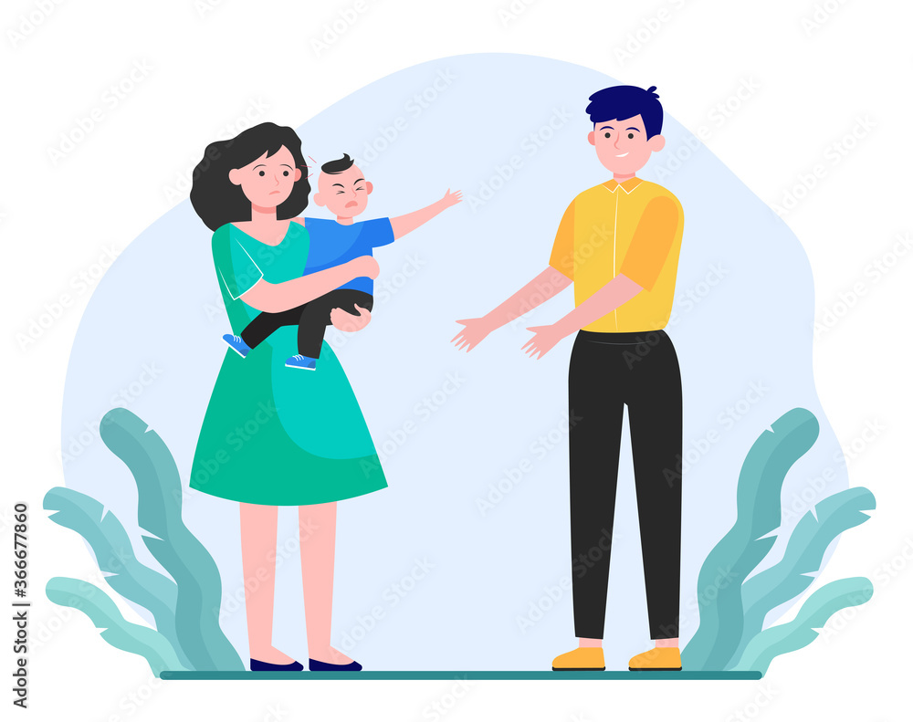 Parents soothing little child. Sad mom giving crying son to smiling dad flat vector illustration. Parenthood problems, stress concept for banner, website design or landing web page Parents soothing little child. Sad mom giving crying son to smiling dad flat vector illustration. Parenthood problems, stress concept for banner, website design or landing web page