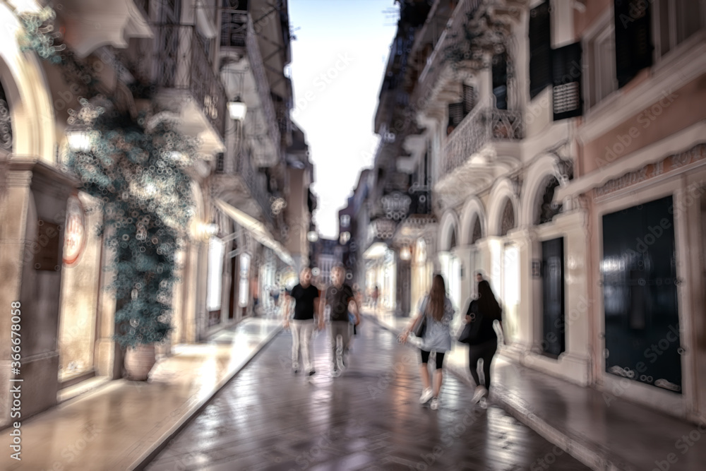 abstract pedestrian street background in europe, tourism concept blurred background