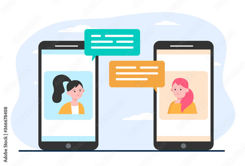Video chat on phone. Girls using smartphones for conference call flat vector illustration. Online communication, internet technology concept for banner, website design or landing web page Video chat on phone. Girls using smartphones for conference call flat vector illustration. Online communication, internet technology concept for banner, website design or landing web page