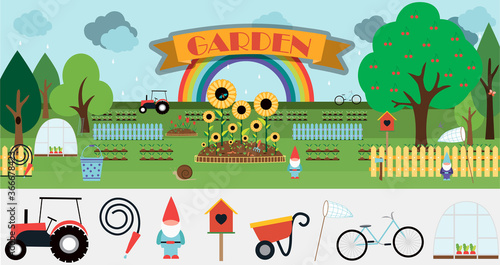 A large set of vector items for the garden. Flat garden illustration design with flowerbeds, tractor, fence, sprouts, flowers, birdhouse, trees, garden decor and equipment. Cute cartoon picture with a