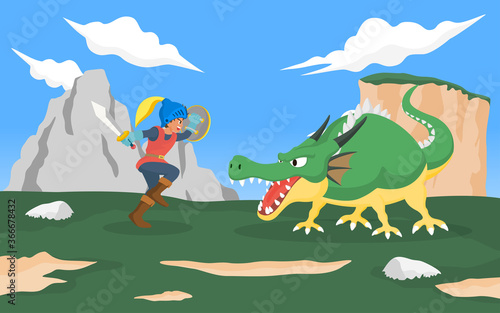 Knight fighting with dragon monster. Vector illustration for role playing game and fairly tale.
