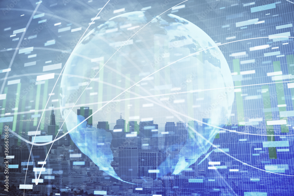 Double exposure of business theme hologram drawing and city veiw background. Concept of success. Double exposure of business theme hologram drawing and city veiw background. Concept of success.