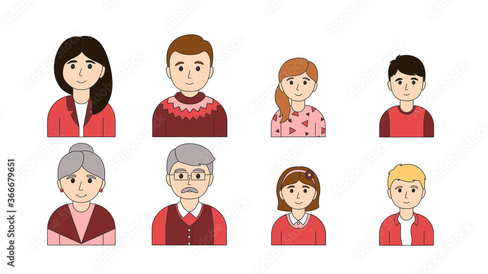 Family icon set with outline including mother, father, four kids and grandfather, grandmother Family icon set with outline including mother, father, four kids and grandfather, grandmother