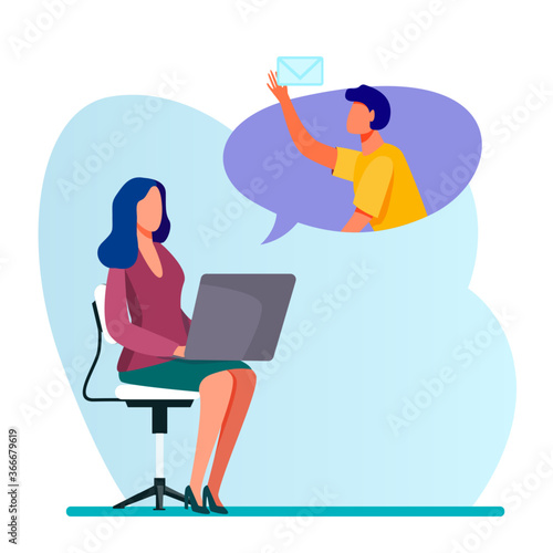 Office employee with laptop sending or receiving message. Colleagues, computer, email flat vector illustration. Internet communication concept for banner, website design or landing web page