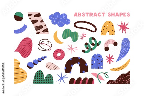 Collection of colorful doodle objects vector flat illustration. Set of different abstract shapes - circle and curved line, spots, stars isolated on white. Trendy decorative elements