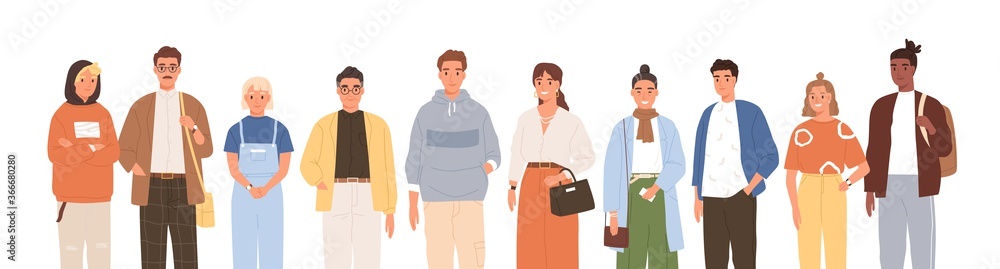 Group of friendly diverse people standing together vector flat illustration. Men and women of various ages posing isolated on white. Happy old and young generations characters. Social diversity Group of friendly diverse people standing together vector flat illustration. Men and women of various ages posing isolated on white. Happy old and young generations characters. Social diversity