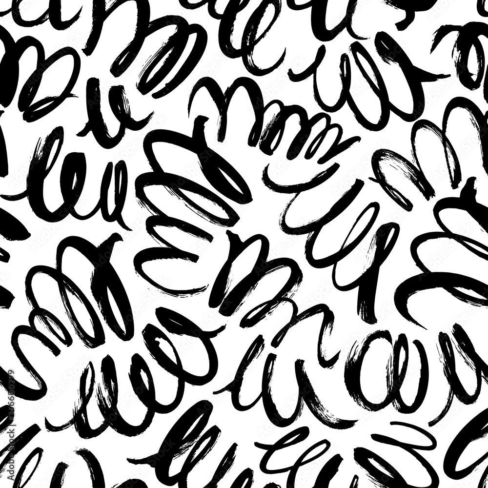 Curly waves hand drawn seamless pattern. Ink brush grunge vector texture. Black wavy lines on white background. Paint brushstrokes freehand drawing. Abstract wrapping paper, textile monochrome design. Curly waves hand drawn seamless pattern. Ink brush grunge vector texture. Black wavy lines on white background. Paint brushstrokes freehand drawing. Abstract wrapping paper, textile monochrome design.
