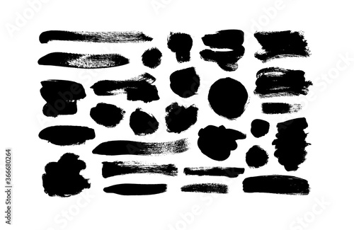 Vector black paint  ink line brushstrokes. Dirty grunge design brush strokes or background for text. Grungy black smears and rough stains  circles. Hand drawn ink illustration isolated on white