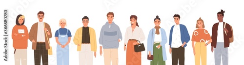Group of friendly diverse people standing together vector flat illustration. Men and women of various ages posing isolated on white. Happy old and young generations characters. Social diversity