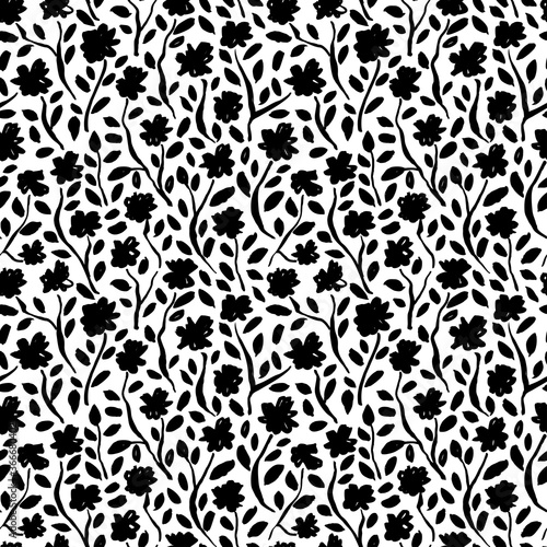 Brush black small leaves and flowers vector seamless pattern. Hand drawn black paint ink illustration with daisy or rose, abstract floral motif. Hand drawn painting for your fabric, wrapping paper