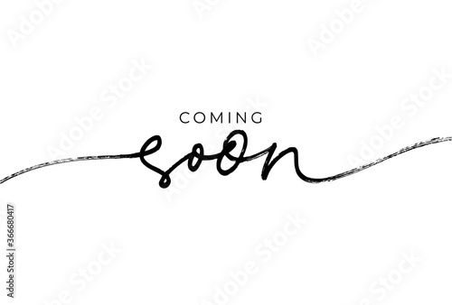 Coming soon ink brush vector lettering. Promotion or announcement banner. Modern vector calligraphy. Black paint lettering isolated on white background. Design text element, web banner, print. photo