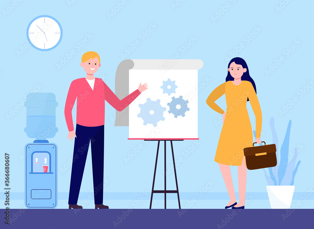 Manager presenting technical solution. Speaker pointing hands at gears on flipchart flat vector illustration. Presentation, engineering concept for banner, website design or landing web page Manager presenting technical solution. Speaker pointing hands at gears on flipchart flat vector illustration. Presentation, engineering concept for banner, website design or landing web page