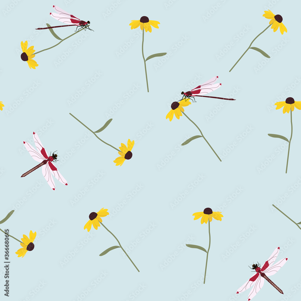 Seamless vector illustration with flowers of rudbeckia and dragonflies