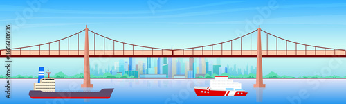 City harbor flat color vector illustration