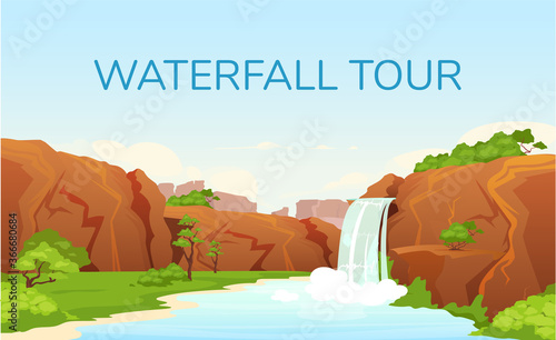 Waterfall tour banner flat vector template