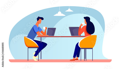 Colleagues discussing project during coffee break. People with laptops drinking coffee, talking flat vector illustration. Corporate communication concept for banner, website design or landing web page