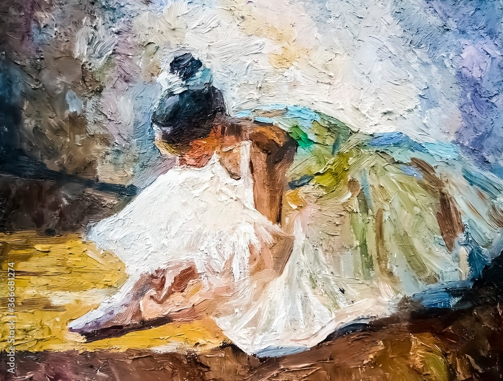 Stock-illustrationen Little girl, ballerina in a lush white ballet tutu,  tying pointe shoes in the dance class, under bright daylight. The  background is created with expressive strokes. Oil painting on canvas.