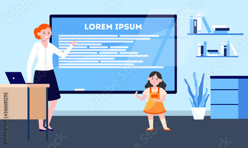 Cute schoolgirl giving report at class blackboard. Primary school pupil, teacher flat vector illustration. Elementary school, education concept for banner, website design or landing web page
