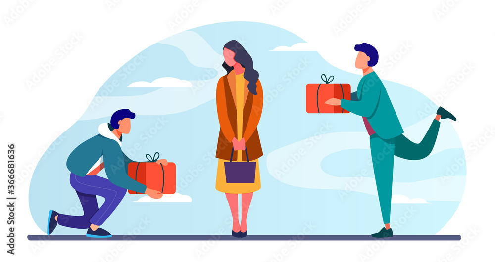 Young woman getting gifts from adorers. Presents, admirers, rivals in love flat vector illustration. Giving gifts, dating, relationship concept for banner, website design or landing web page Young woman getting gifts from adorers. Presents, admirers, rivals in love flat vector illustration. Giving gifts, dating, relationship concept for banner, website design or landing web page