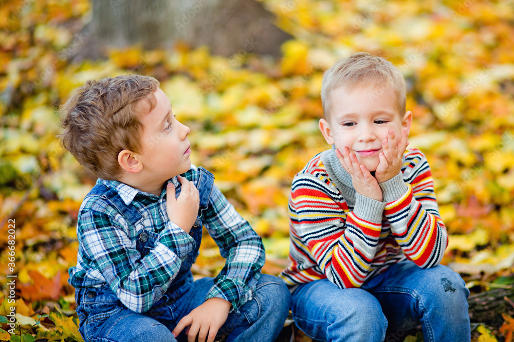 Two little boy brothers sit on a log in an autumn Park among yellow leaves. Two little boy brothers sit on a log in an autumn Park among yellow leaves.