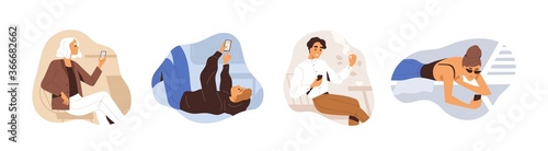 Set of people use smartphone vector flat illustration. Man and woman chatting or surfing internet during relaxing, smoking, lying or sitting isolated on white. Collection of person hold mobile phone