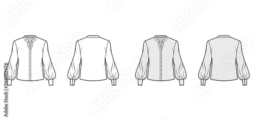 Blouse technical fashion illustration with curved mandarin collar, long bishop sleeves with cuff, oversized. Flat apparel shirt template front back, white grey color. Women, men, unisex top CAD mockup