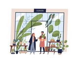 Happy man working at small shop with potted plants vector flat illustration. Male owner of growing and selling flowers at store isolated. Smiling vendor sell houseplant in pot to female buyer