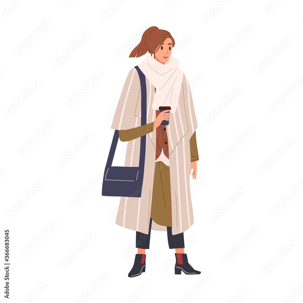 Woman in classy winter outfit holding paper coffee cup vector flat illustration. Fashion female wrapped in warm scarf standing with handbag isolated. Trendy girl demonstrate clothes and accessories Woman in classy winter outfit holding paper coffee cup vector flat illustration. Fashion female wrapped in warm scarf standing with handbag isolated. Trendy girl demonstrate clothes and accessories
