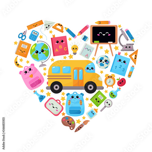 Back to school. Vector cartoon school supplies framed in heart shape. Characters in kawaii style illustration. Educational design for posters, cards, banner and invitations.