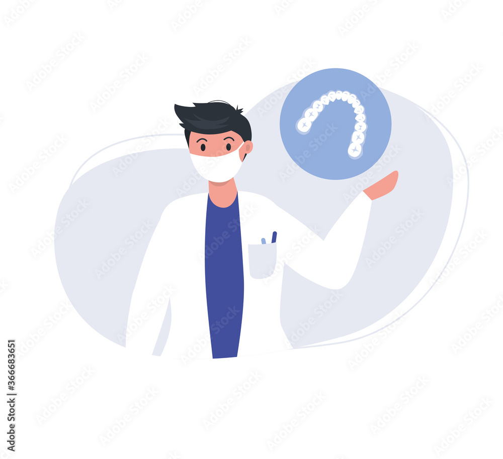 Doctor ortodontist shows retainer for teeth. Orthodontic services. Vector illustration in flat style.
