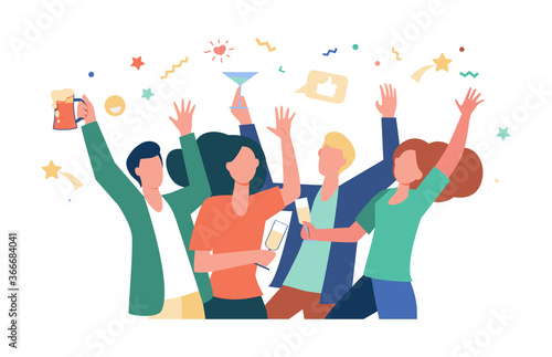 Happy friends celebrating event together. Croup of people enjoying party, dancing, drinking alcohol. Vector illustration for friendship, leisure time, having fun concept
