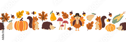 Thanksgiving animals kids vector border. Seamless pattern autumn leaves turkey corn pumpkin hedgehog, squirrel. Harvest festival. Fall party invitation banner. Happy Thanksgiving card decor, footer