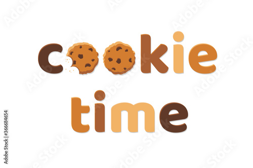 Cookie time. Homemade chocolate oatmeal chip cookies icon. Sticker for social media content. Vector flat illustration isolated design. Cartoon style poster, t shirt print, post card, video blog cover