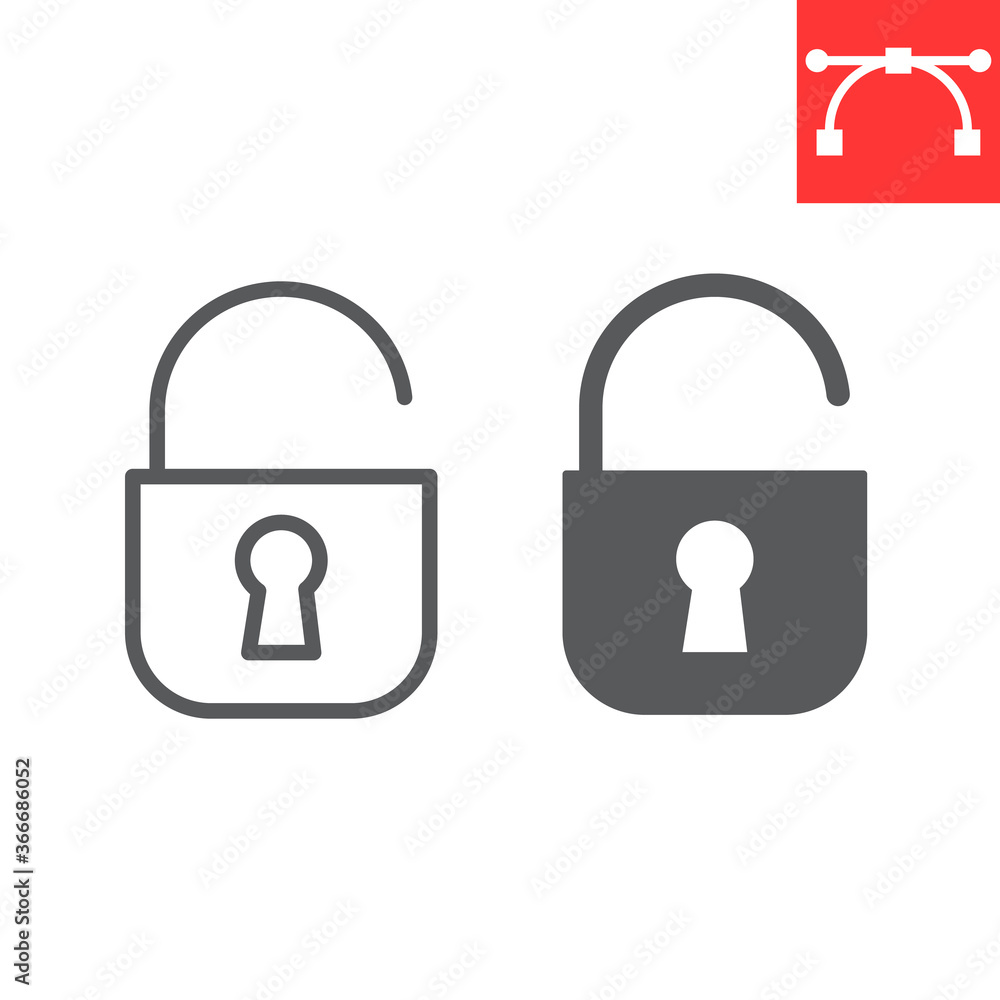 Unlock line and glyph icon, ui and button, padlock sign vector graphics, editable stroke linear icon, eps 10. Unlock line and glyph icon, ui and button, padlock sign vector graphics, editable stroke linear icon, eps 10.