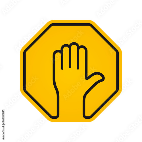 Vector yellow STOP sign with hand gesture. Isolated on white background.