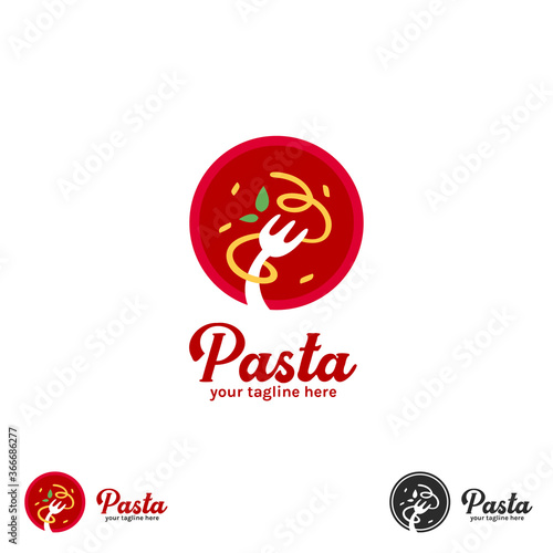 Spaghetti pasta noodle logo with plate round shape icon symbol, fork and green leaf