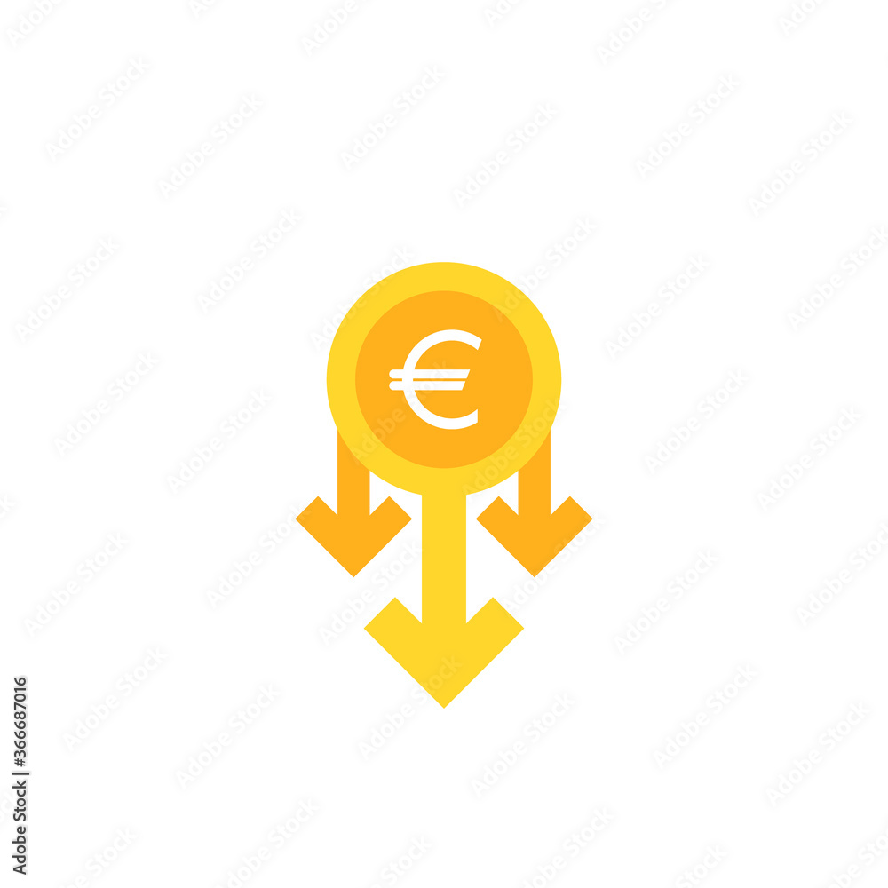 golden euro coin and down arrows. Flat vector icon isolated on white. golden euro coin and down arrows. Flat vector icon isolated on white.