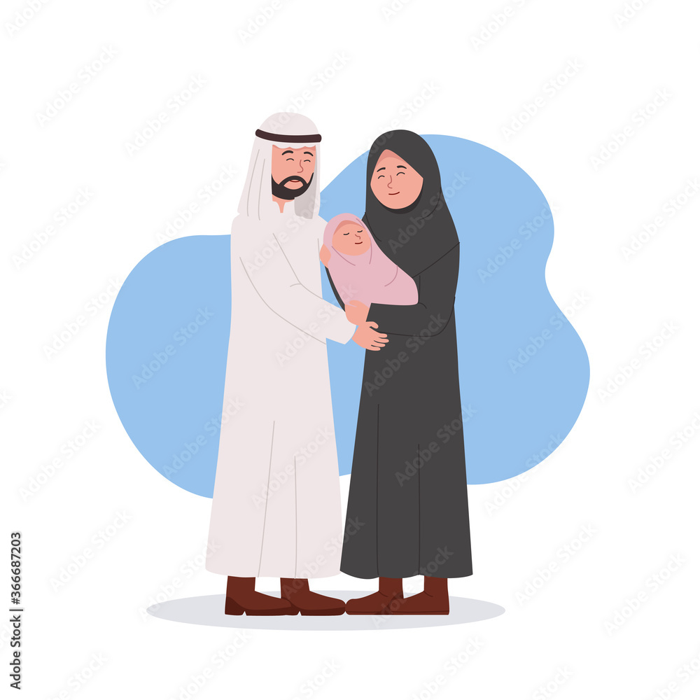 Arabian Couple Happy for Newborn Baby, Mother Hold Her Baby Vector Cartoon Arabian Couple Happy for Newborn Baby, Mother Hold Her Baby Vector Cartoon