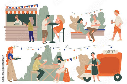 Coffee stalls and trucks selling outdoors, small business